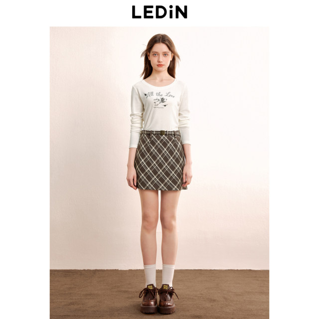 Lecho retro college style skirt autumn new belt A-line skirt meat-covered plaid design skirt
