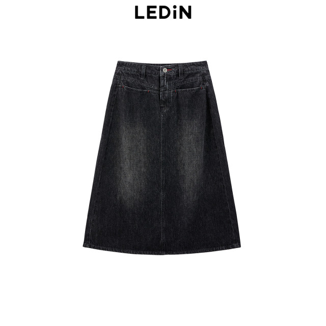 Lecho Contrast Color Pressed Line Straight Denim Long Skirt Spring New Gray Skirt C2HFF1311