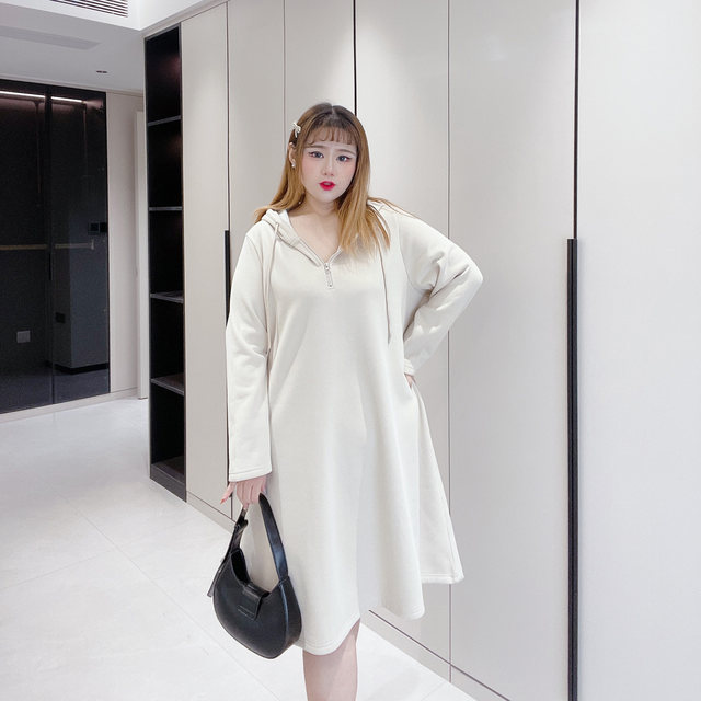 300Jin [Jin is equal to 0.5kg] Extra large size women's fat m big bust plus velvet zipper long hooded sweatshirt skirt lazy casual dress
