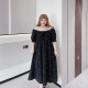 Vacation sweet off-shoulder, gentle waist-slimming embroidery 260Jin [Jin equals 0.5kg] fat girl elegant embroidery covering the flesh long dress