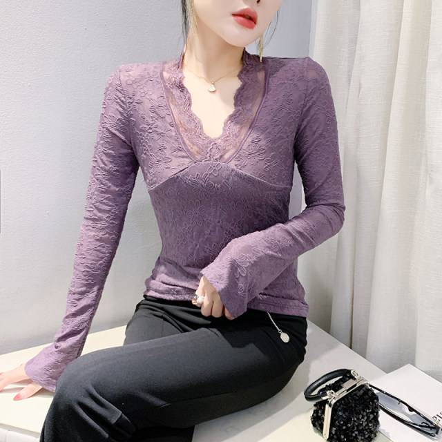 European base shirt for women in spring and autumn sexy hollow V-neck lace shirt for women long sleeve tight inner top temperament shirt
