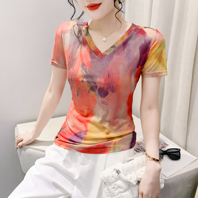 2025 summer new fashion printed V-neck T-shirt for women short-sleeved European tie-dye mesh top slim half-sleeved shirt