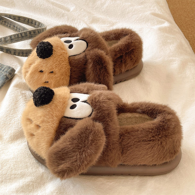 Cotton slippers for women winter indoor home thick-soled non-slip cute big-eared dog warm plus velvet bag heel cotton shoes for men