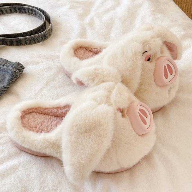 Cotton slippers for women, winter home indoor non-slip thick-soled plush cute piggy warm half-pack heel postpartum slippers