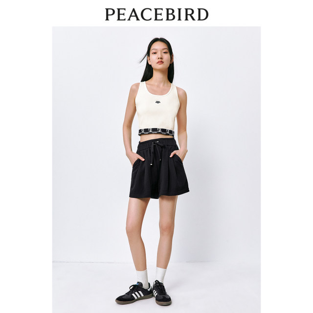 Peacebird high-waist casual sports shorts for summer new black slim and loose white wide-leg pants