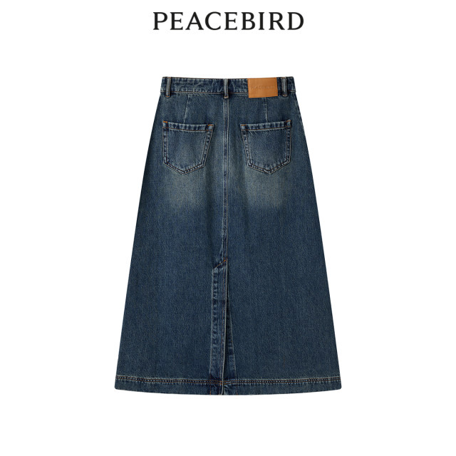 Peacebird Women's Spring New Style Rear Slit Denim Long Skirt A3GFE1103
