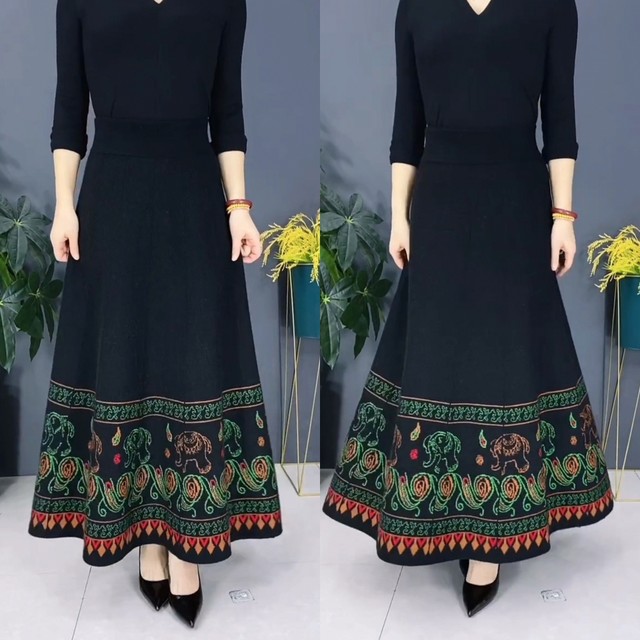 Autumn and winter new cotton cashmere skirt long skirt women high waist high waist big swing national style retro temperament wool skirt large size skirt