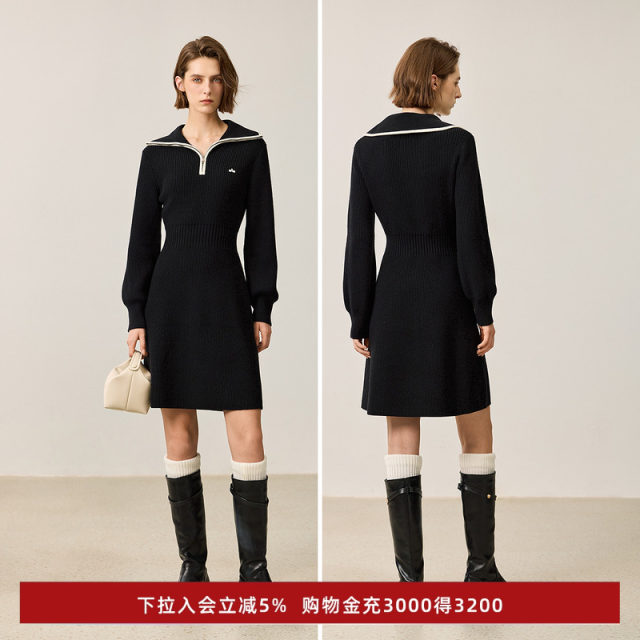 LILY Outlet New Women's Design Contrast Color Zipper Collar Waist Slim Long Sleeve Knitted Dress Women's Style