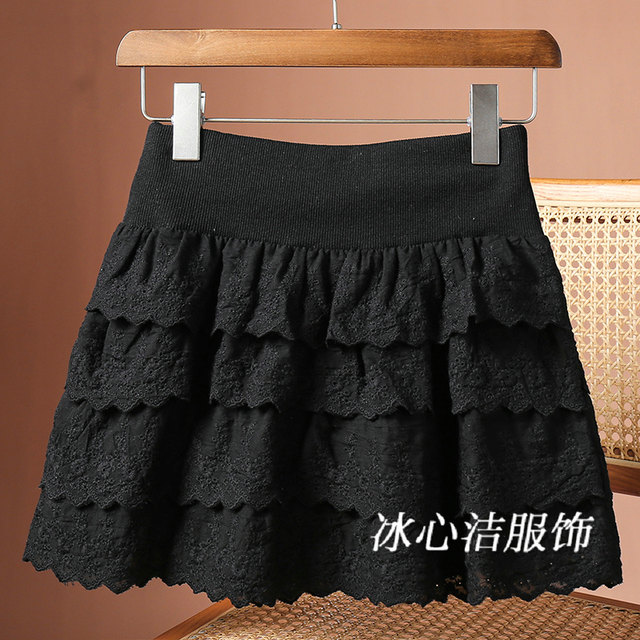 White heavy industry embroidery ruffle splicing cake skirt autumn and winter new high waist slim anti-exposure short skirt for women