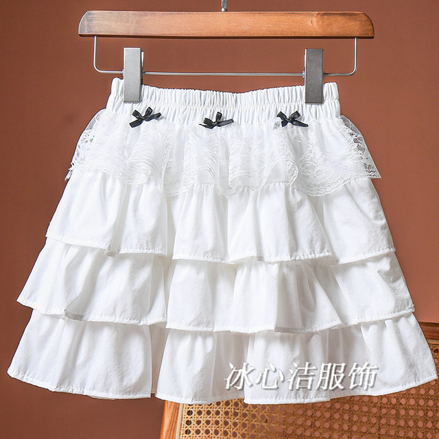 White bow lace spliced ​​cake skirt summer 2025 new sweet A-line puffy skirt