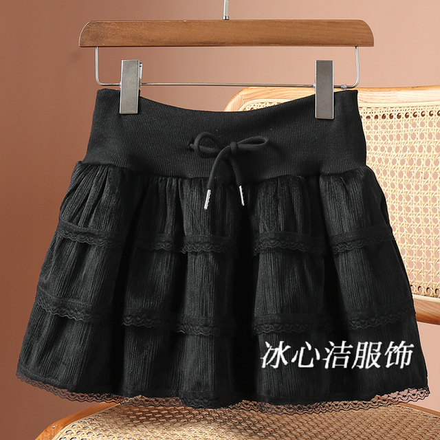 Design-sensory bow drawstring lace short skirt skirt for women 2025 autumn and winter lace velvet cake umbrella skirt