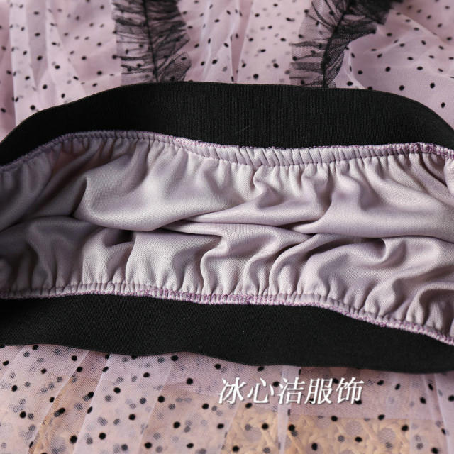 Wood ear design spliced ​​polka dot mesh skirt for women 2025 summer new high waist drooping polka skirt long skirt