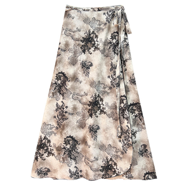 2025 early spring new retro printed strap skirt for women spring lace-up one-piece high-waist slim long skirt
