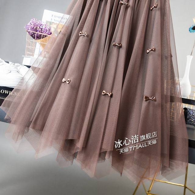 Autumn and winter bow irregular gauze skirt skirt autumn and winter women's 2025 two sides wearing mesh skirt pleated skirt long skirt
