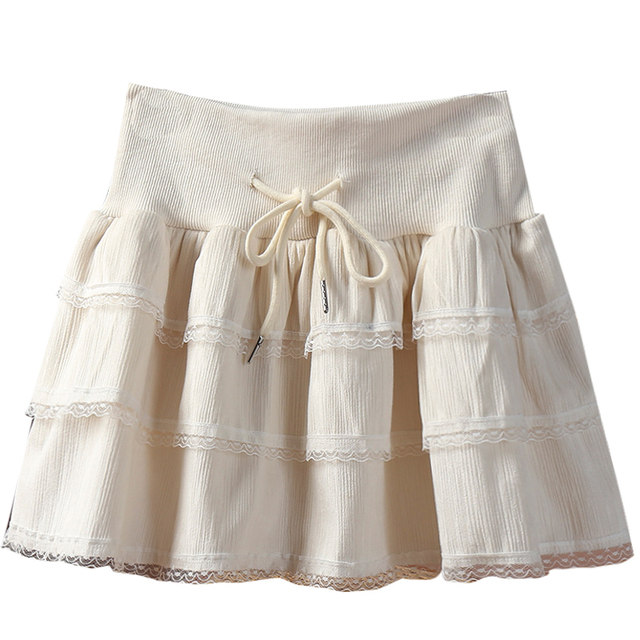 Design-sensory bow drawstring lace short skirt skirt for women 2025 autumn and winter lace velvet cake umbrella skirt