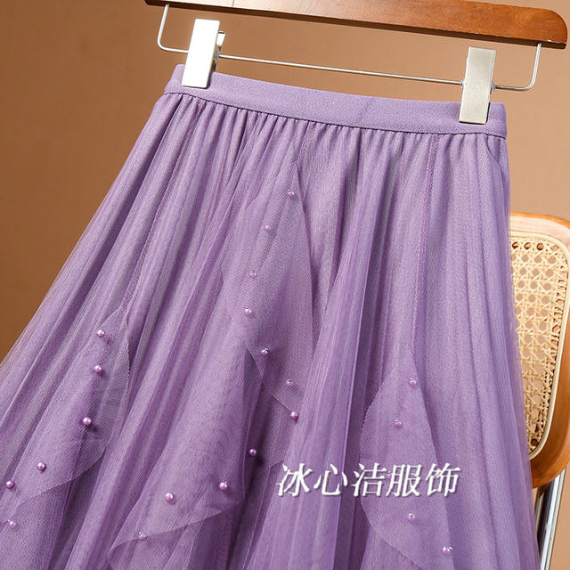 Design feel irregular gauze beaded nail net yarn skirt female spring and autumn small skirt long skirt, pleated skirt, half skirt
