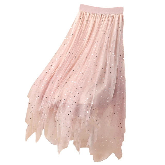 Black Star Sequin Mesh Skirt Women's Spring and Autumn 2025 Small irregular skirt Starry Sky Gauze Skirt Long Skirt
