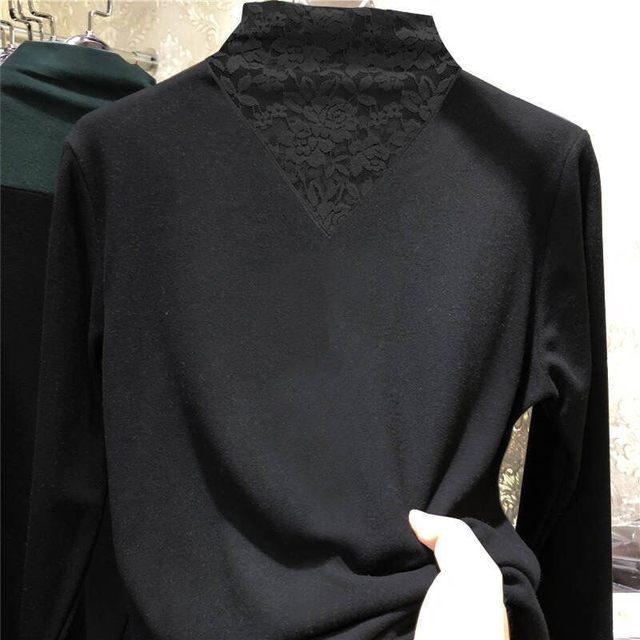 Extra -fat fat MM300jin [Jin is equal to 0.5 kg] Delong lace bottoming shirt female in winter half -high -necked foreign gas to keep the clothes