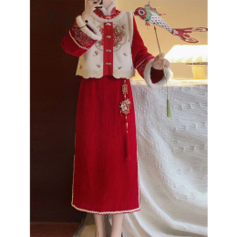 Republic of China's wind-hair vest dress spring new Chinese New Year's worship service red festive return dress