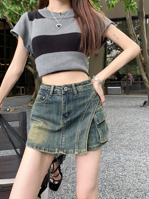 High-waisted denim short skirt for women in summer 2024 new design hot girl hip trousers skirt large size A-line skirt
