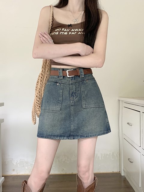 Cement grey hot girl denim skirt for women in summer high waist slim large size fashionable hip-pack skirt versatile A-line skirt
