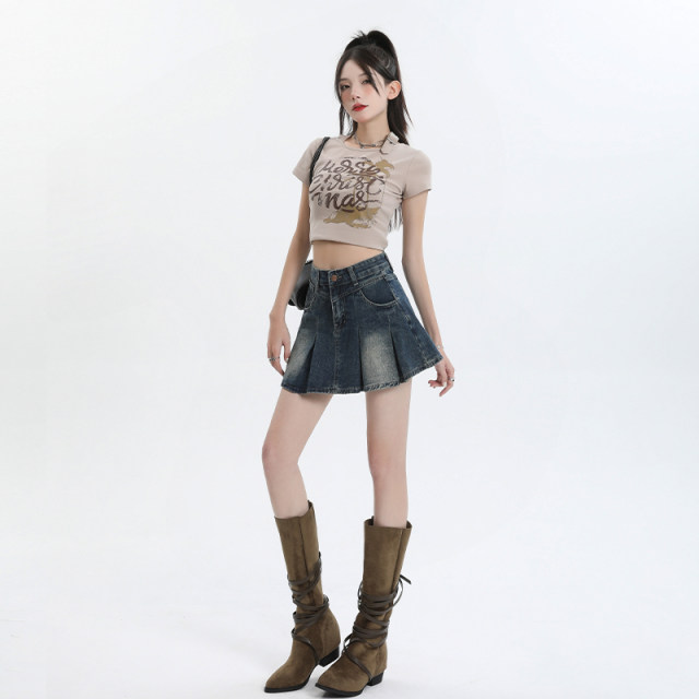 American all-match denim short skirt for women summer new large size pleated skirt small high waist slimming A-line skirt