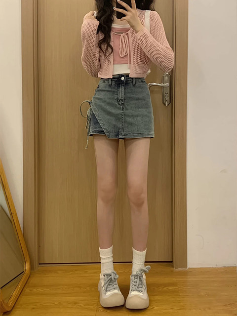 Hot girl side drawstring high waist denim skirt for women in summer new large size slim design A-line short skirt pants