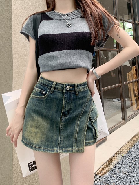 High-waisted denim short skirt for women in summer 2024 new design hot girl hip trousers skirt large size A-line skirt