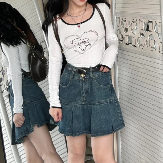 
High-waisted hot girl pleated skirt denim skirt for women in summer large size belly and hip lining to make them look slim A-line short skirt