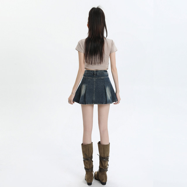 American all-match denim short skirt for women summer new large size pleated skirt small high waist slimming A-line skirt