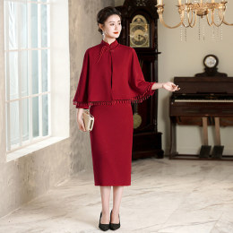 Wine red long sleeved cheongsam shawl suit Winter new high-end young mother dress wedding dress mid-length