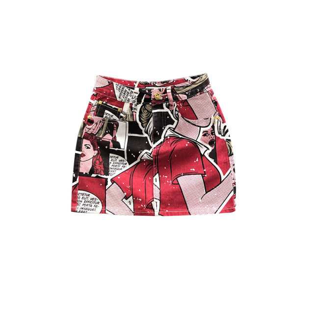 Personal character printed denim short skirt Women in summer fashion foreign aura A -line anti -light half -body bag hip skirt
