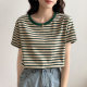 Fresh green striped T-shirt for women in summer short-sleeved 2025 new loose round neck versatile T-shirt niche top
