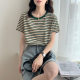Fresh green striped T-shirt for women in summer short-sleeved 2025 new loose round neck versatile T-shirt niche top
