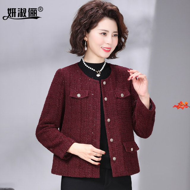 
Temperament Mom Autumn Jacket 2025 New Middle-aged and Old Women's Clothing 40 Years Old Fashionable Wool Small Fragrance Style Wedding Top