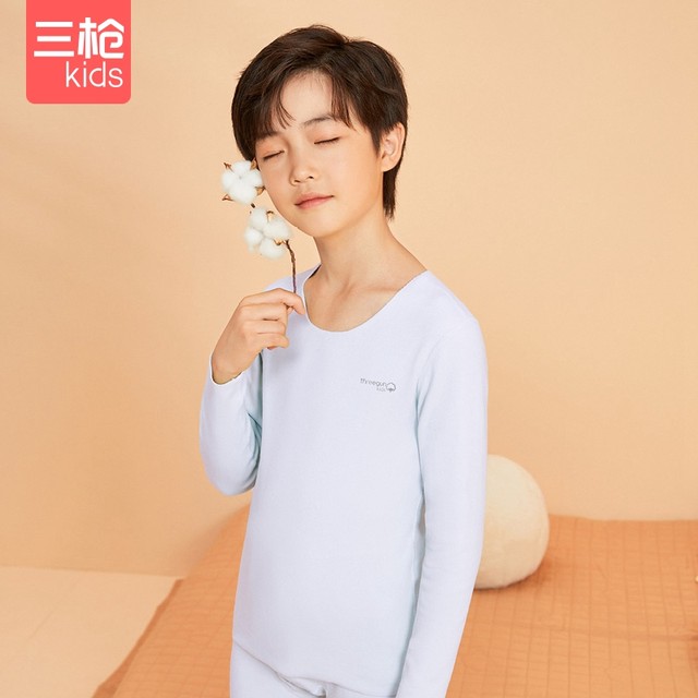 Three-gun children's boys and girls' high-count antibacterial long-staple cotton brushed thickened autumn and winter thermal underwear set