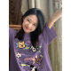 Creamy yellow cartoon color lines dog new summer trendy brand printed short-sleeved niche couple petite top