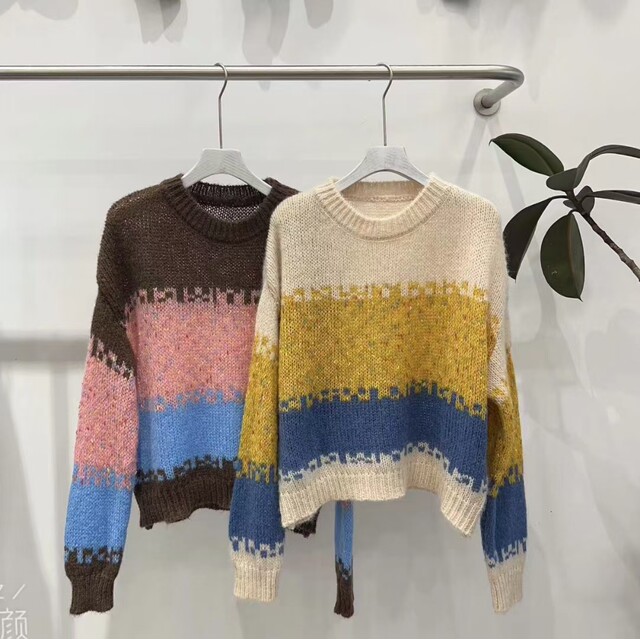 Season clearance~ Contrast color loose mohair sweater for women in autumn round neck Korean sweet lazy knitted sweater
