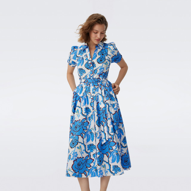 DVF2025 spring and summer new POLO neck short-sleeved tea skirt vine flowers plant printed dress DS1T012