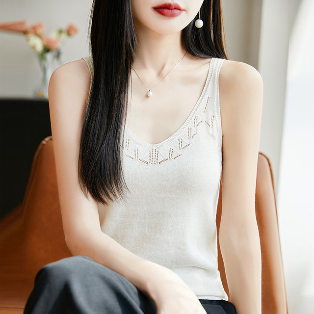 100% pure cotton hollow V-neck camisole women's summer slim fit soft sleeveless bottoming top for women