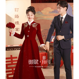 Toast Bride 2023 New Red Autumn Winter Wedding New Chinese Cheongsam Custom Wedding Dress Women Long Sleeves Winter