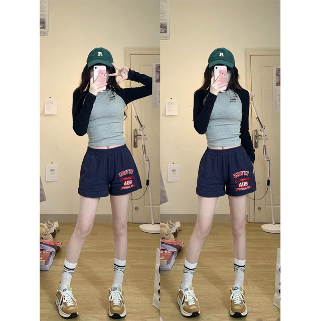 American retro sports shorts for women, summer thin straight-leg outer wear, loose high-waist slim casual cotton wide-leg pants