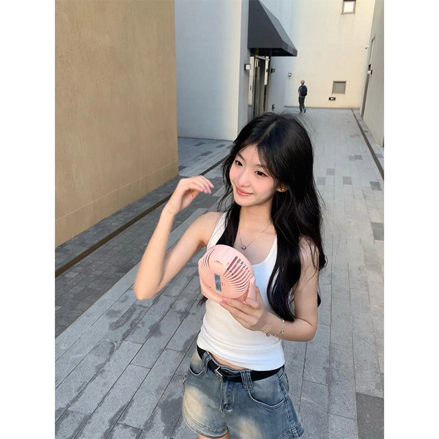 Pure cotton white suspender vest for women in summer, chic, slim and sweet hot girl sleeveless inner short top