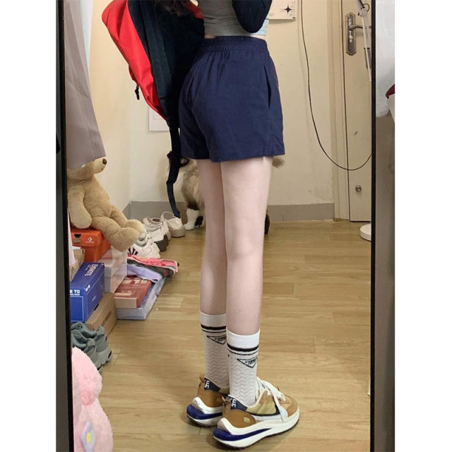 American retro sports shorts for women, summer thin straight-leg outer wear, loose high-waist slim casual cotton wide-leg pants