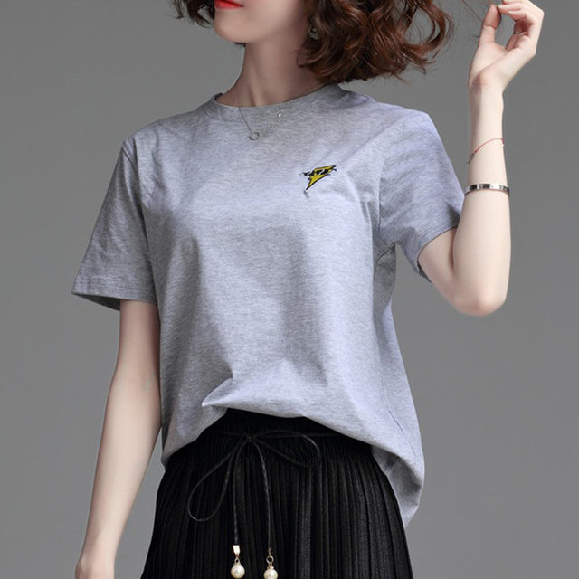Pure cotton black short-sleeved T-shirt women's half-sleeved loose large-size summer 2023 new embroidered T-shirt top trend
