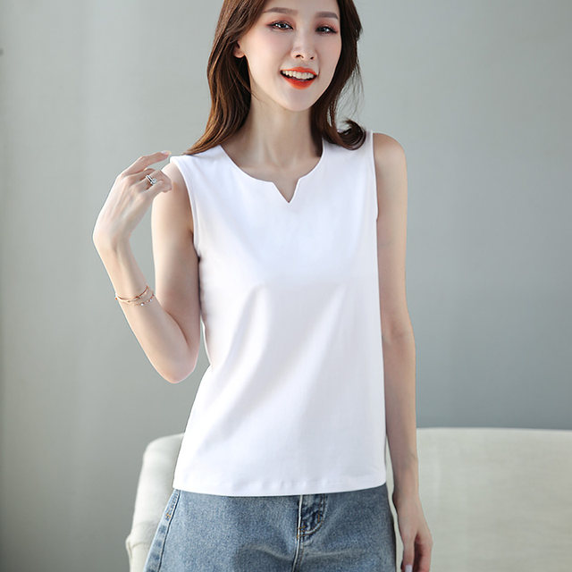 White pure cotton v-neck suspender vest for women with summer loose large size sports outside sleeveless base T-shirt