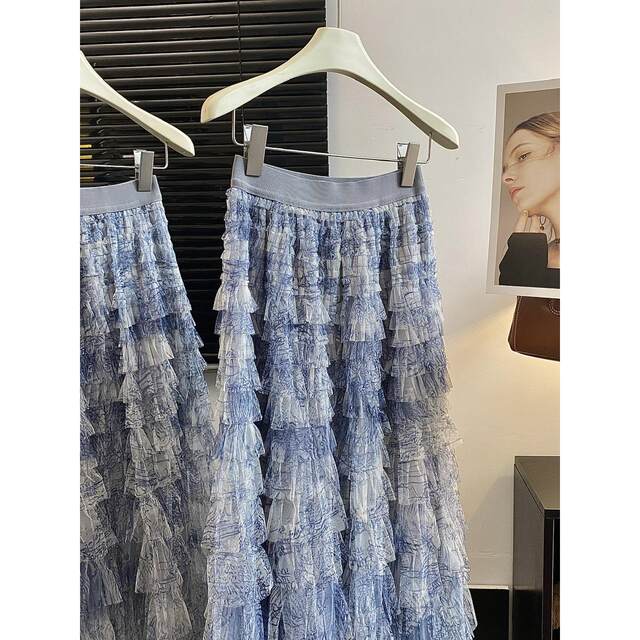 Puffy cake skirt for women 2025 new summer high waist retro tie-dye fairy-like mesh long skirt