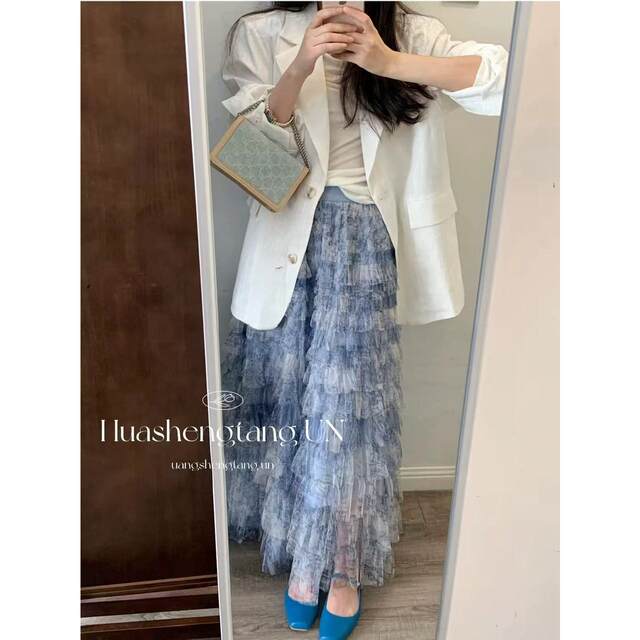Puffy cake skirt for women 2025 new summer high waist retro tie-dye fairy-like mesh long skirt