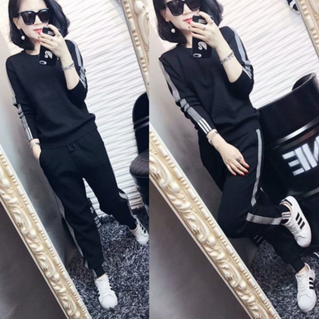 European station suit 2025 autumn and winter sweater knitted sweater suit women's slim casual pants two-piece set fashion