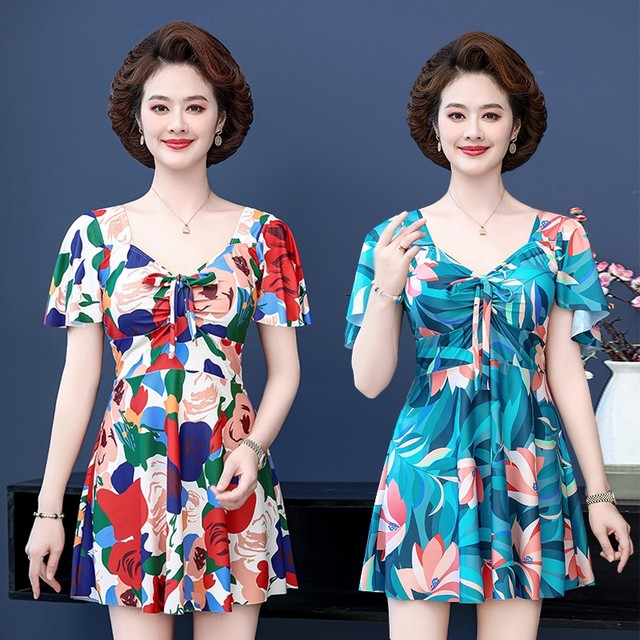 Swimsuit female mother style middle-aged and elderly people split belly covering large size slimming hot spring skirt swimsuit